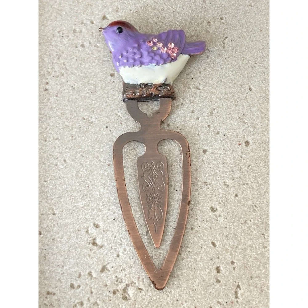 Decorative‎ Metal Bookmark Purple Bird Rhinestone Accent Copper Tone Artisan